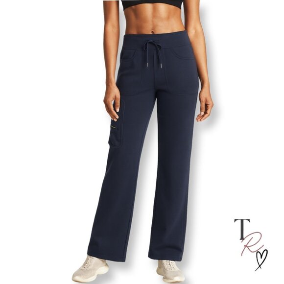 Athleta Wide Leg Utility Fleece Lined Sweatpants in Navy Blue Size Small Tall - Picture 1 of 15
